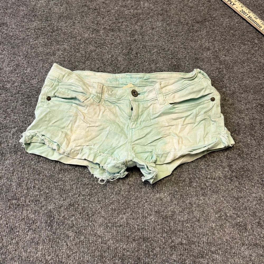 Arizona Jean Co Shorts Womens Size 1 Green Acid Wash Denim Low Rise Frayed Hem